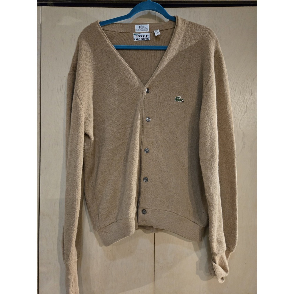 Vintage Izod Lacoste Cardigan Sweater Men L Tan Brown Orlon Acrylic Made In USA